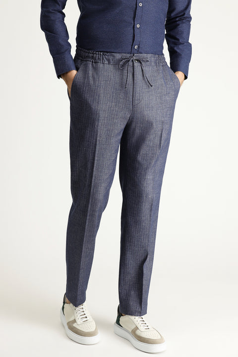 Koyu Lacivert 7 Drop Super Slim Fit Eksra Dar Kesim Beli Lastikli İpli Desenli Keten Karışımlı Takım Elbise