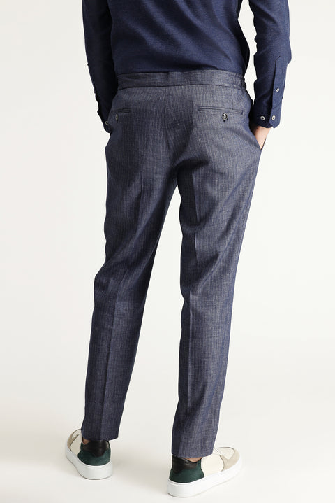 Koyu Lacivert 7 Drop Super Slim Fit Eksra Dar Kesim Beli Lastikli İpli Desenli Keten Karışımlı Takım Elbise