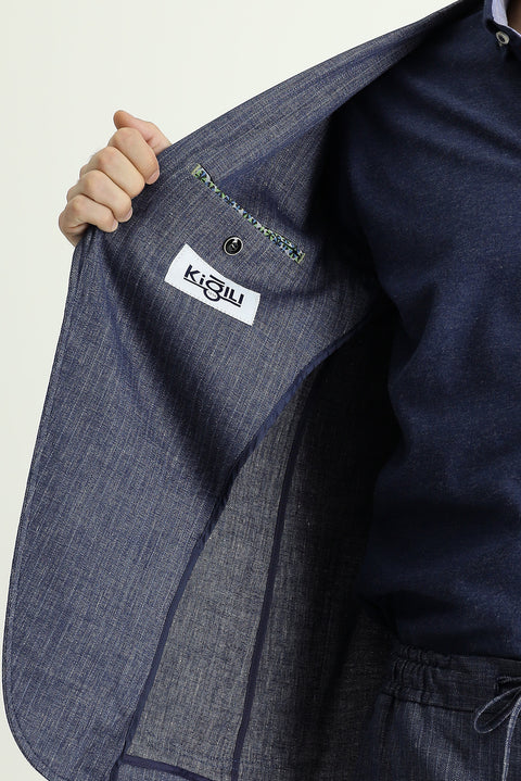 Koyu Lacivert 7 Drop Super Slim Fit Eksra Dar Kesim Beli Lastikli İpli Desenli Keten Karışımlı Takım Elbise