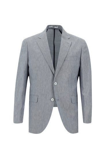  Açık Lacivert Slim Fit Dar Kesim Beli Lastikli İpli Desenli Pamuklu Keten Karışımlı Takım Elbise