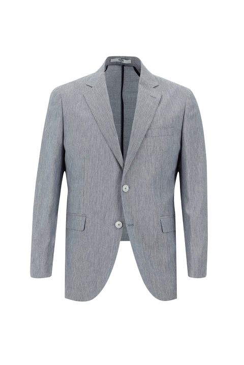 Light Navy Blue 7 Drop Slim Fit Narrow Cut Elasticated Waist Drawstring Patterned Cotton Linen Blend Suit