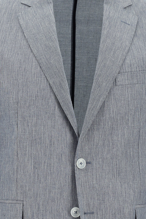 Light Navy Blue 7 Drop Slim Fit Narrow Cut Elasticated Waist Drawstring Patterned Cotton Linen Blend Suit