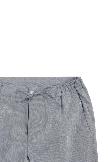 Açık Lacivert Slim Fit Dar Kesim Beli Lastikli İpli Desenli Pamuklu Keten Karışımlı Takım Elbise