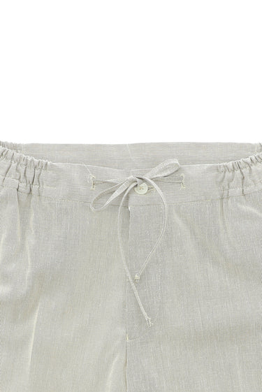 Orta Bej Slim Fit Dar Kesim Beli Lastikli İpli Desenli Pamuklu Keten Karışımlı Takım Elbise