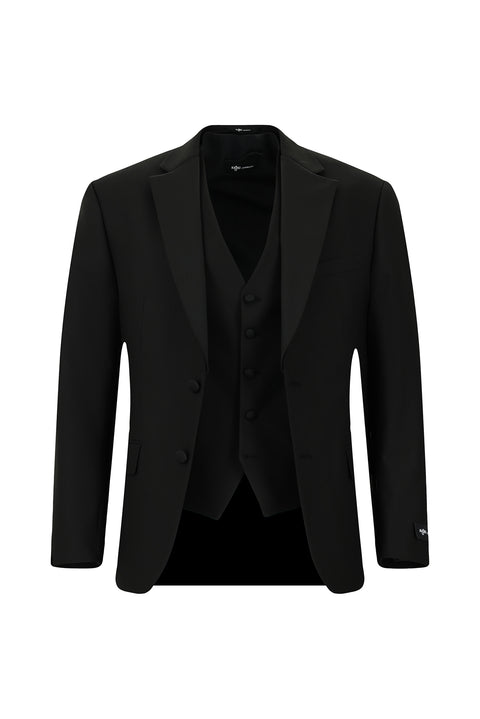 Siyah 7 Drop Slim Fit Dar Kesim Mono Yaka Yelekli Smokin & Damatlık