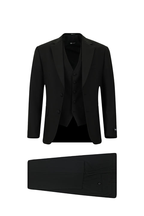 Siyah 7 Drop Slim Fit Dar Kesim Mono Yaka Yelekli Smokin & Damatlık