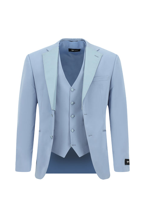 Açık Mavi 6 Drop Regular Fit Standart Kesim Mono Yaka Yelekli Smokin & Damatlık