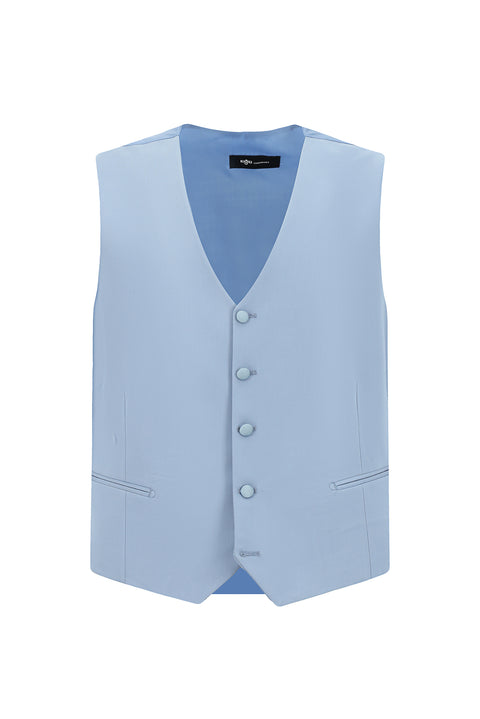 Açık Mavi 6 Drop Regular Fit Standart Kesim Mono Yaka Yelekli Smokin & Damatlık