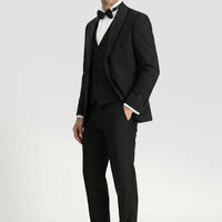 Siyah 7 Drop Slim Fit Dar Kesim Şal Yaka Yelekli Smokin & Damatlık
