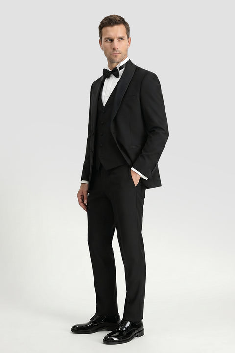 Siyah 7 Drop Slim Fit Dar Kesim Şal Yaka Yelekli Smokin & Damatlık