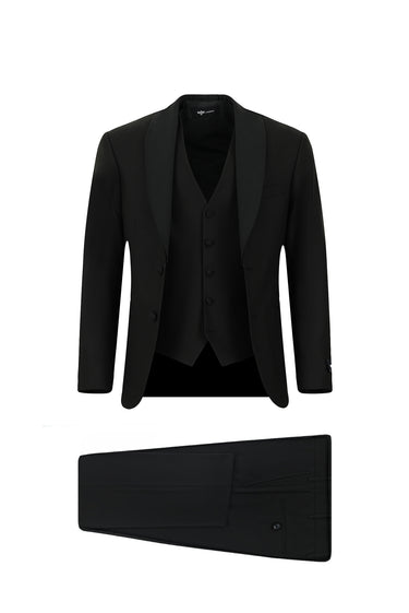  Siyah Regular Fit Şal Yaka Yelekli Smokin & Damatlık