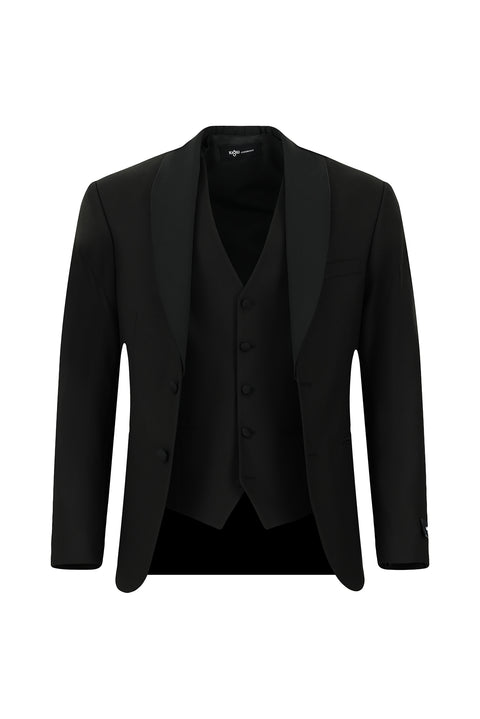 Siyah 7 Drop Slim Fit Dar Kesim Şal Yaka Yelekli Smokin & Damatlık