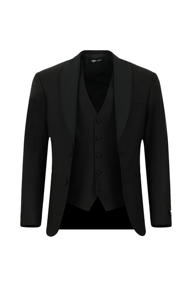  Siyah Regular Fit Şal Yaka Yelekli Smokin & Damatlık