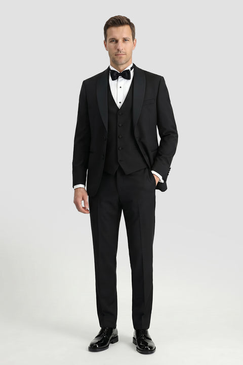 Siyah 7 Drop Slim Fit Dar Kesim Şal Yaka Yelekli Smokin & Damatlık