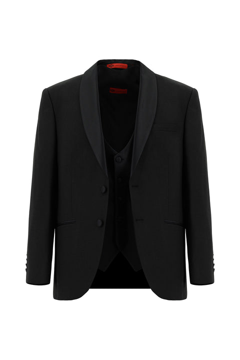 Siyah 4 Drop Relaxed Fit Rahat Kesim Şal Yaka Yelekli Smokin & Damatlık