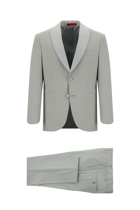 Açık Gri 7 Drop Slim Fit Dar Kesim Şal Yaka Smokin & Damatlık