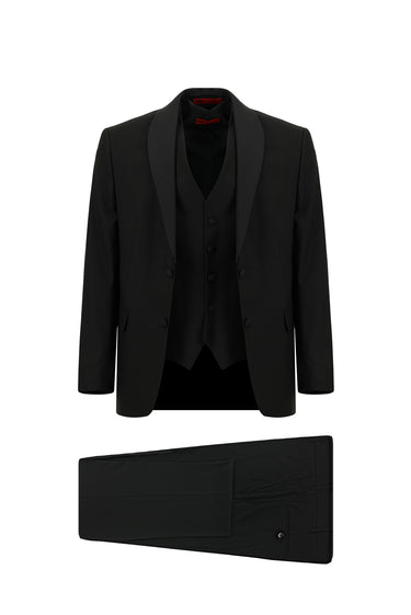 Siyah Slim Fit Dar Kesim Şal Yaka Yelekli Smokin & Damatlık