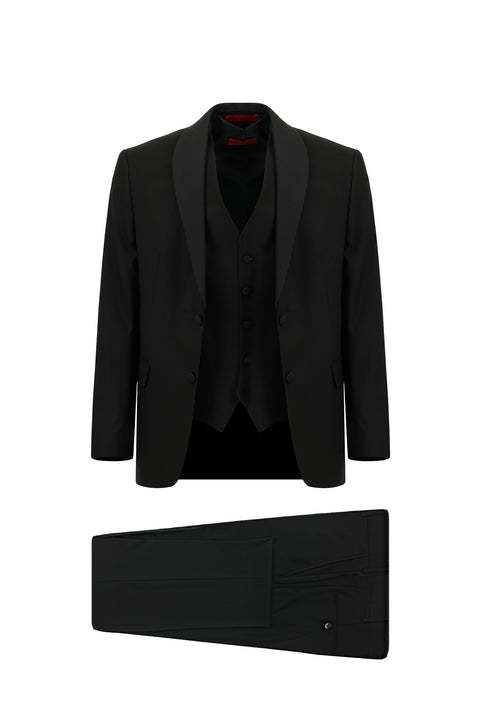 Siyah 7 Drop Slim Fit Dar Kesim Şal Yaka Yelekli Smokin & Damatlık