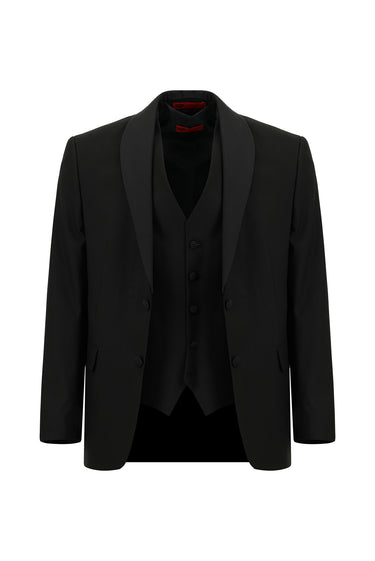  Siyah Slim Fit Dar Kesim Şal Yaka Yelekli Smokin & Damatlık