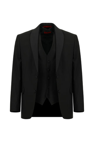  Siyah Slim Fit Dar Kesim Şal Yaka Yelekli Smokin & Damatlık