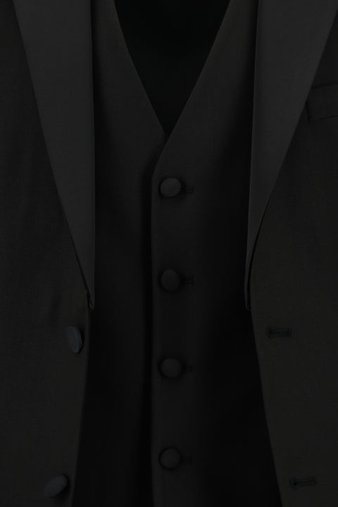 Siyah 7 Drop Slim Fit Dar Kesim Şal Yaka Yelekli Smokin & Damatlık