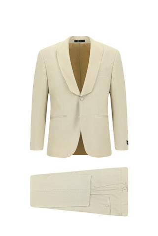  Açık Bej 4 Drop Relaxed Fit Rahat Kesim Şal Yaka Smokin & Damatlık