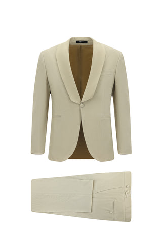  Açık Bej 7 Drop Slim Fit Dar Kesim Şal Yaka Smokin & Damatlık
