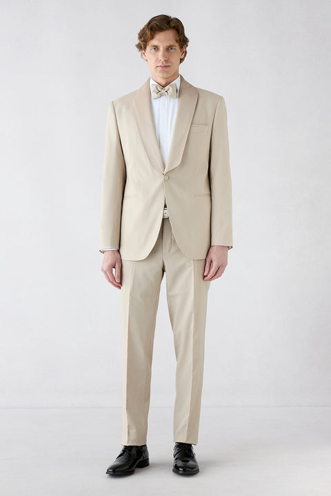 Açık Bej 7 Drop Slim Fit Dar Kesim Şal Yaka Smokin & Damatlık