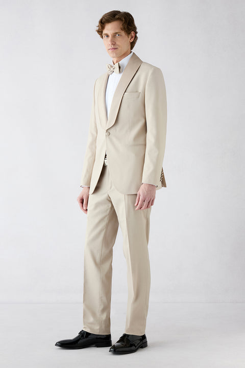 Açık Bej 7 Drop Slim Fit Dar Kesim Şal Yaka Smokin & Damatlık