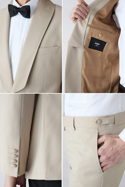 Açık Bej 7 Drop Slim Fit Dar Kesim Şal Yaka Smokin & Damatlık