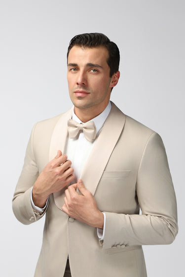  Açık Bej Slim Fit Dar Kesim Şal Yaka Smokin & Damatlık