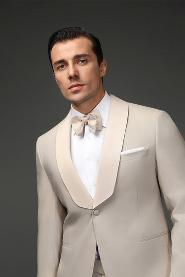  Açık Bej Slim Fit Dar Kesim Şal Yaka Smokin & Damatlık