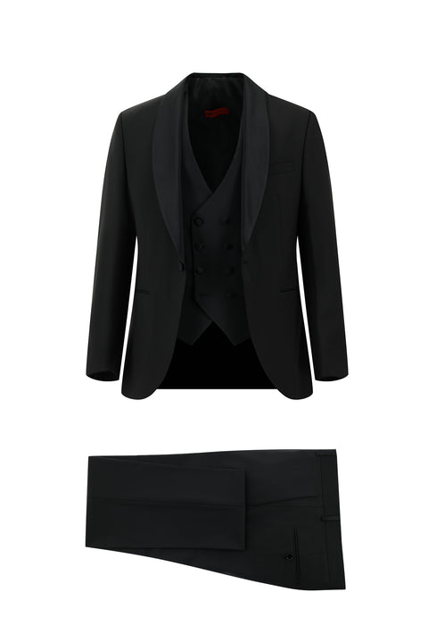 Siyah 6 Drop Regular Fit Standart Kesim Şal Yaka Yelekli Yünlü Smokin & Damatlık