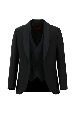  Siyah 6 Drop Regular Fit Standart Kesim Şal Yaka Yelekli Yünlü Smokin & Damatlık