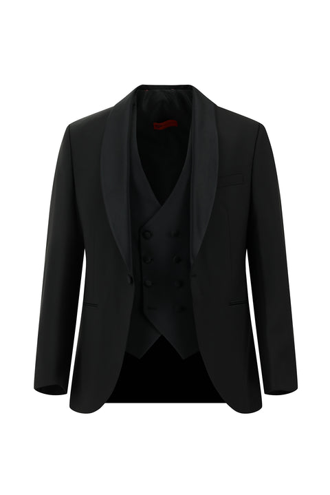 Siyah 6 Drop Regular Fit Standart Kesim Şal Yaka Yelekli Yünlü Smokin & Damatlık