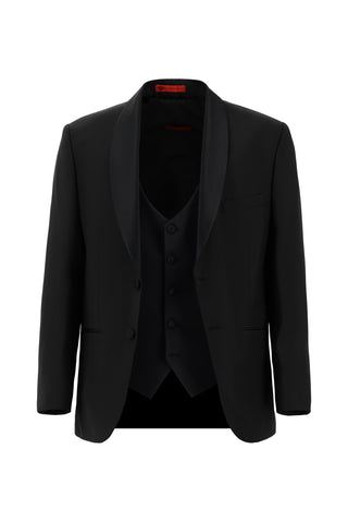  Siyah 4 Drop Relaxed Fit Rahat Kesim Şal Yaka Yünlü Yelekli Smokin & Damatlık