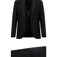 Siyah Slim Fit Dar Kesim Şal Yaka Yünlü Yelekli Smokin & Damatlık