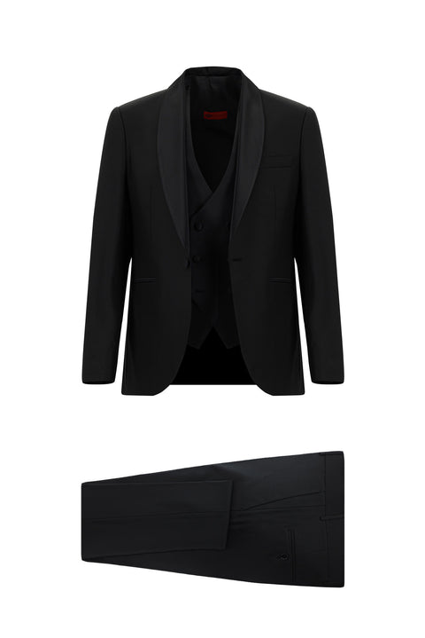 Siyah 7 Drop Slim Fit Dar Kesim Şal Yaka Yünlü Yelekli Smokin & Damatlık