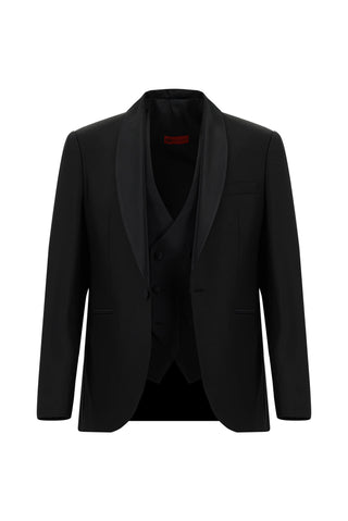  Siyah 7 Drop Slim Fit Dar Kesim Şal Yaka Yünlü Yelekli Smokin & Damatlık