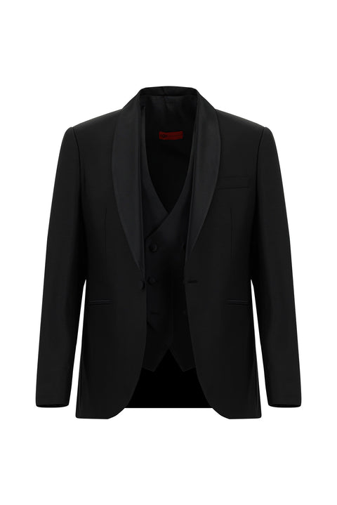 Siyah 7 Drop Slim Fit Dar Kesim Şal Yaka Yünlü Yelekli Smokin & Damatlık