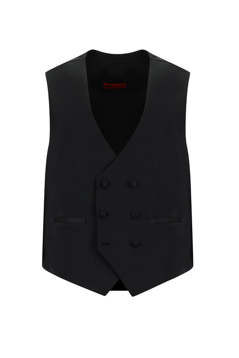 Siyah 7 Drop Slim Fit Dar Kesim Şal Yaka Yünlü Yelekli Smokin & Damatlık