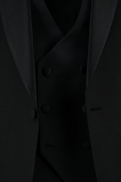 Siyah 7 Drop Slim Fit Dar Kesim Şal Yaka Yünlü Yelekli Smokin & Damatlık