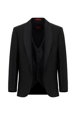  Siyah 4 Drop Relaxed Fit Rahat Kesim Şal Yaka Yünlü Yelekli Smokin & Damatlık