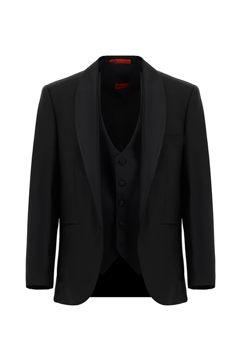 Siyah 4 Drop Relaxed Fit Rahat Kesim Şal Yaka Yünlü Yelekli Smokin & Damatlık