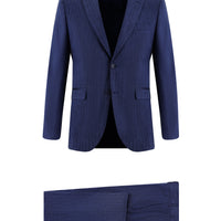 Orta Lacivert Slim Fit Dar Kesim Klasik Desenli Keten Karışımlı Takım Elbise