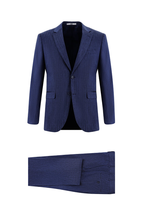 Orta Lacivert 7 Drop Slim Fit Dar Kesim Desenli Keten Karışımlı Takım Elbise