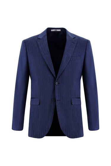 Orta Lacivert Slim Fit Dar Kesim Klasik Desenli Keten Karışımlı Takım Elbise
