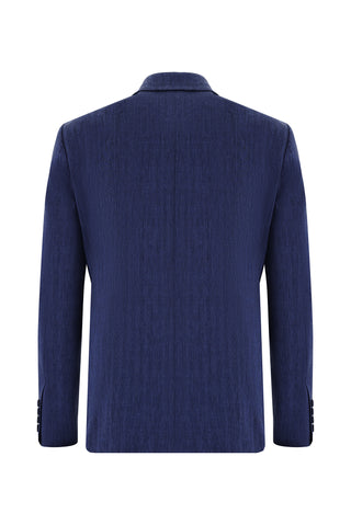  Orta Lacivert Slim Fit Dar Kesim Klasik Desenli Keten Karışımlı Takım Elbise