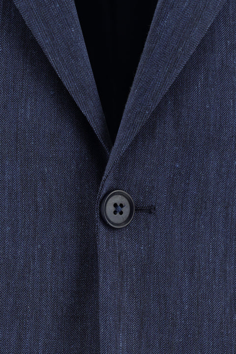 Orta Lacivert 7 Drop Slim Fit Dar Kesim Desenli Keten Karışımlı Takım Elbise