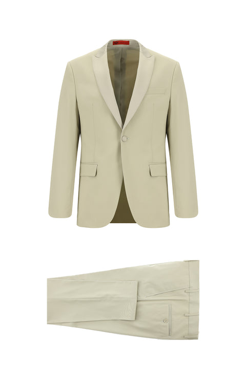 Orta Bej 7 Drop Super Slim Fit Eksra Dar Kesim Sivri Yaka Smokin & Damatlık